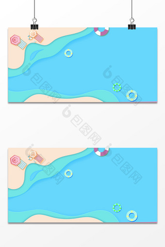 蓝色夏季沙滩海水剪纸风背景图片