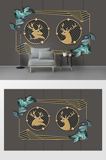 现代简约鎏金麋鹿鹿头铁艺装饰壁挂背景墙图片