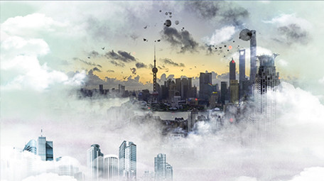 云层穿梭大气城市企业水墨图文模板