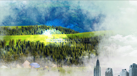 云层穿梭大气城市企业水墨图文模板