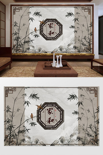 中式竹子写意水墨画背景墙图片