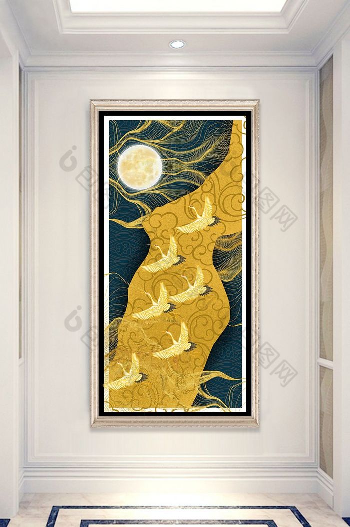 新中式金色线条仙鹤风景晶瓷玄关装饰画图片图片
