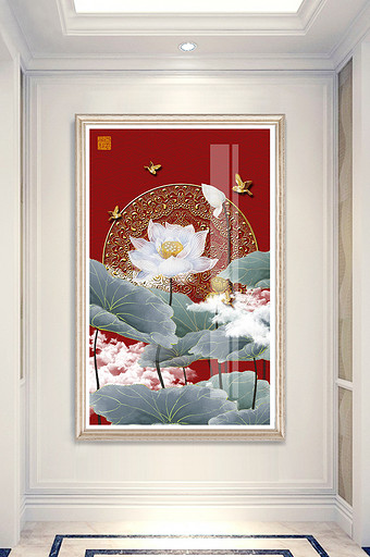 新中式大气荷花植物风景晶瓷玄关装饰画图片