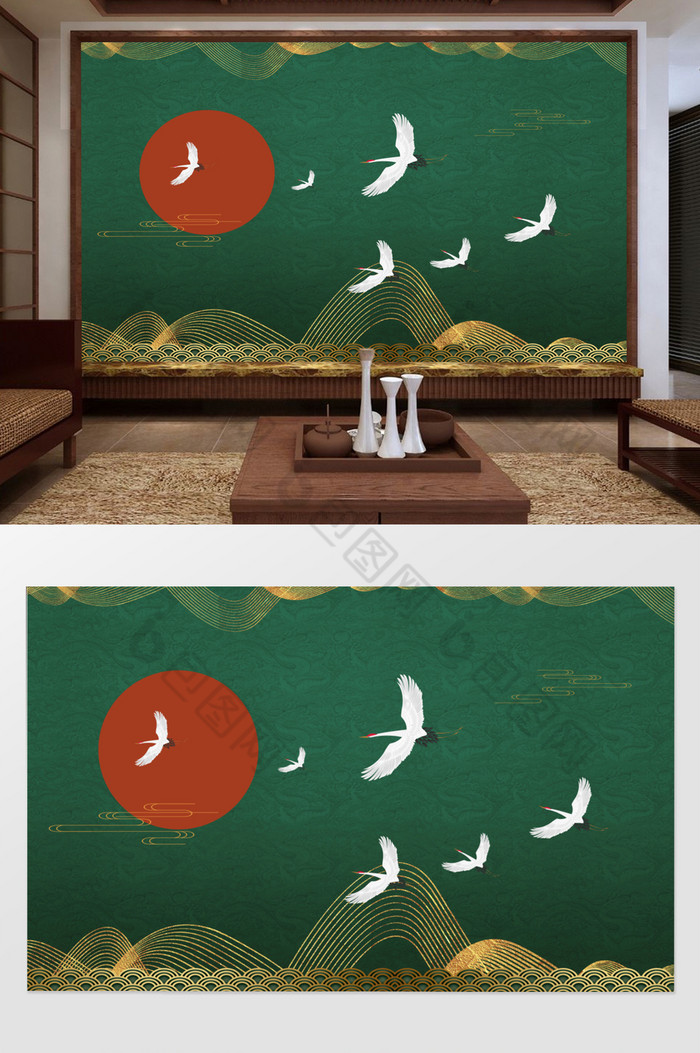 国潮中式传统刺绣仙鹤祥云背景墙图片图片