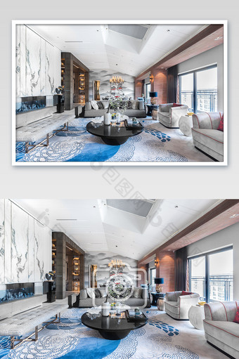 新中式蓝色大气的客厅家居摄影图图片