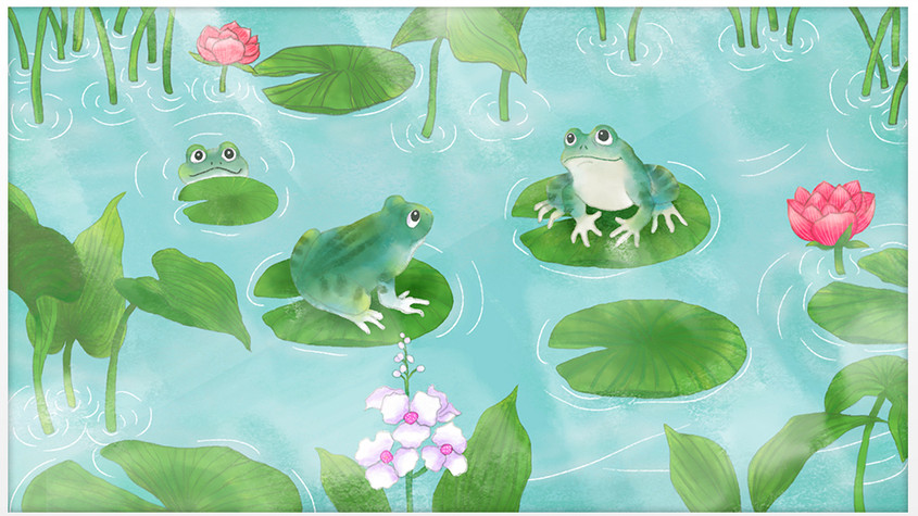唯美清晰夏日池塘青蛙玩耍gif插画