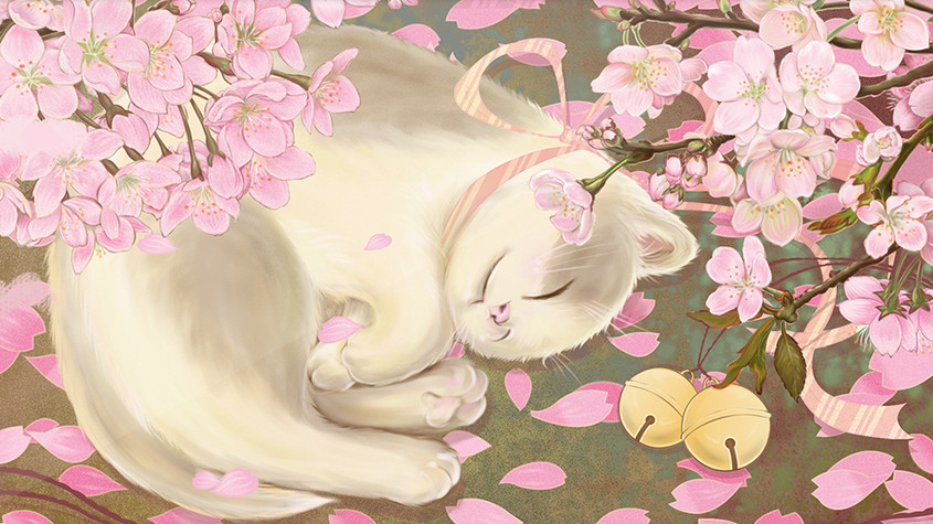清新唯美樱花与猫铃铛安眠樱花节gif插画