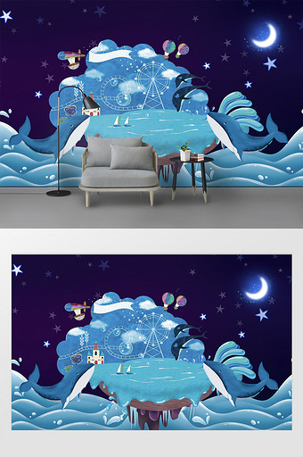 创意个性手绘梦幻海豚海岛儿童房背景墙图片
