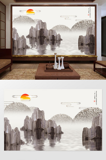 水墨山水电视背景墙中国风客厅装饰画图片