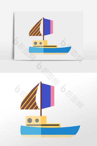 手绘海洋度假卡通蓝色小帆船插画图片