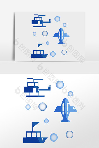 手绘交通工具蓝色飞机轮船插画图片