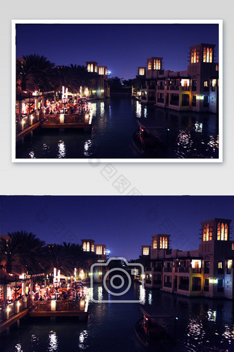 迪拜夜景河流度假休闲酒店摄影图图片