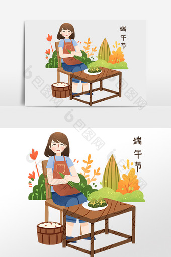 手绘端午节包粽子卡通女士插画图片