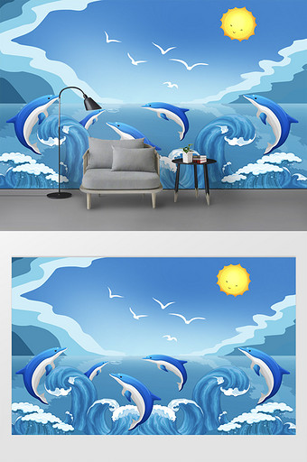 新现代卡通蓝色天空大海海豚儿童房背景图片