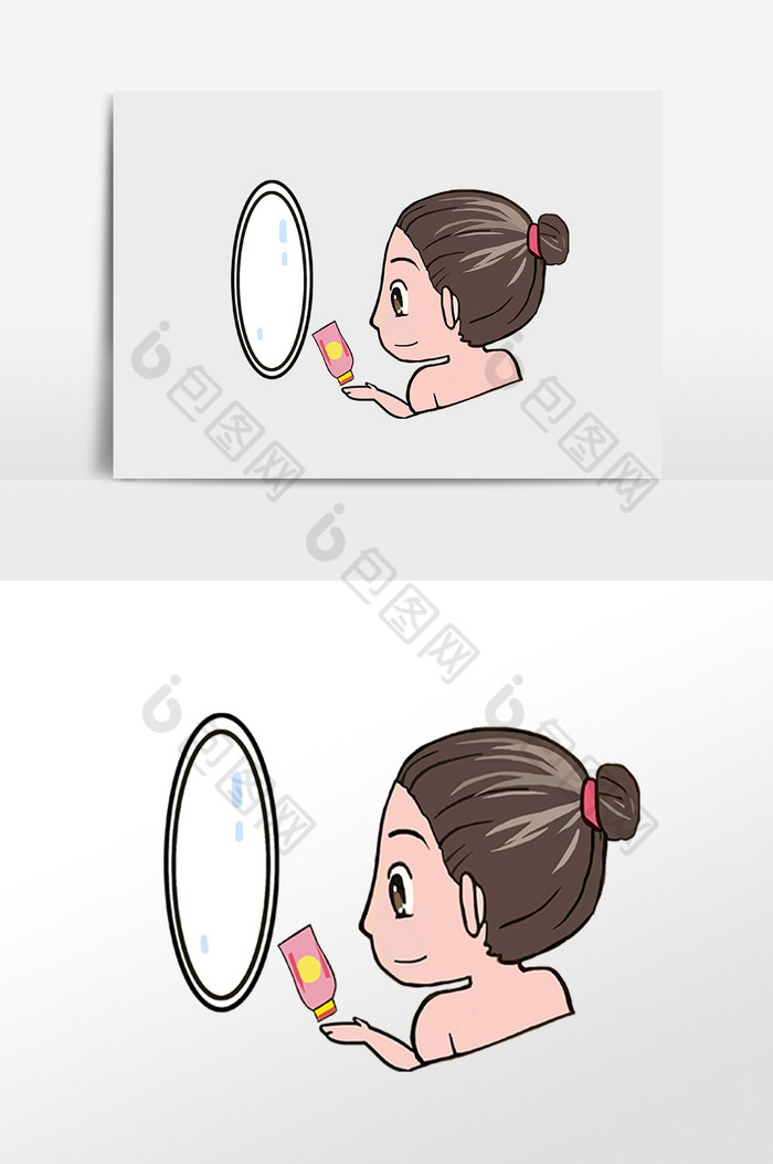 美容女孩照镜子抹护肤品插画图片图片