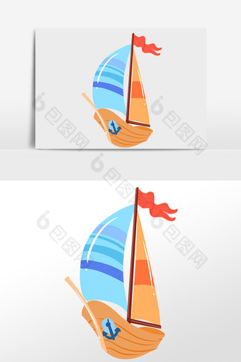 手绘交通工具大海彩色木质帆船插画图片