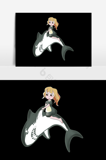 卡通世界海洋日鲨鱼女孩手绘元素图片