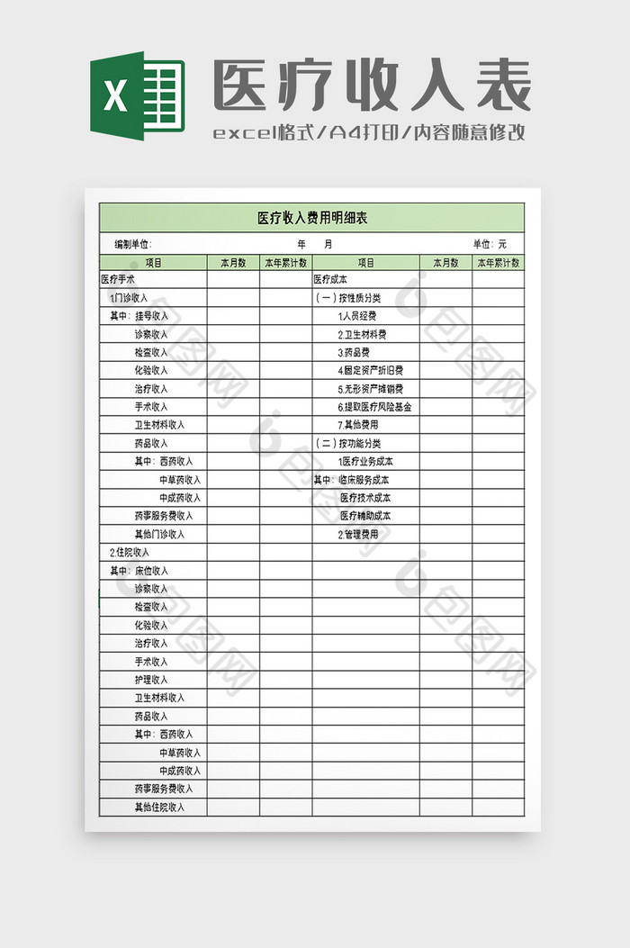 医疗收入费用明细表excel模板图片图片