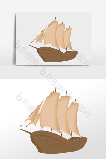 手绘大海旅游游玩木质帆船插画图片