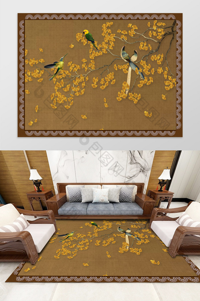 中式复古银杏花鸟卧室客厅地毯图案图片图片