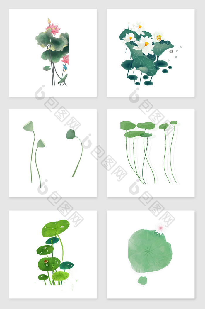 手绘清新荷花套图插画元素