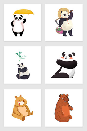 手绘熊猫和熊套图插画元素图片