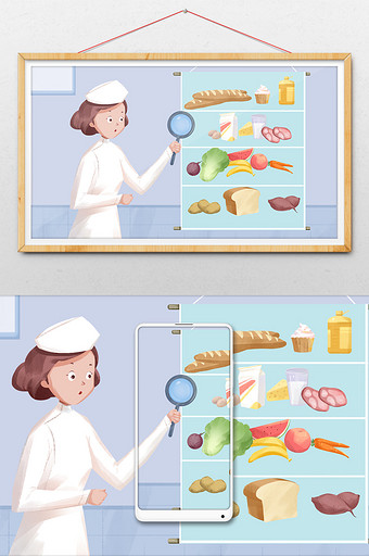 护士讲解食品安全营养均衡插画图片