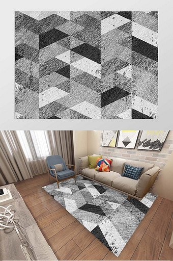 北欧复古黑白抽象几何客厅地毯图案图片