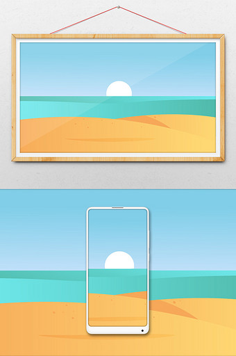 手绘海岸看日出插画背景图片