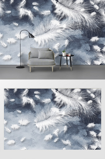 现代墨蓝色唯美彩绘羽毛背景墙图片