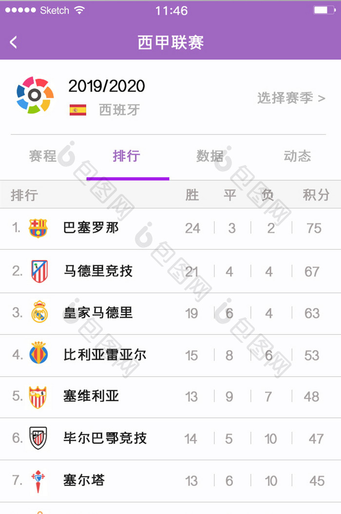 西甲联赛排名积分排榜赛程足球列表白色