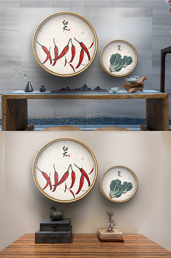 新中式民俗手绘辣椒蔬菜餐厅装饰画图片