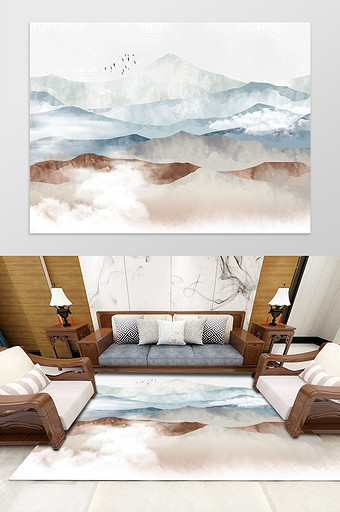 新中式轻奢淡彩山水客厅卧室书房地毯图案图片