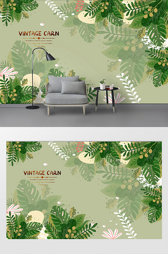 北欧简约手绘小清新热带植物叶子背景墙壁图片