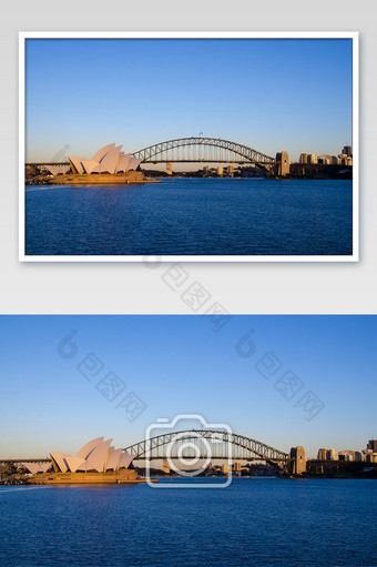 清晨悉尼歌剧院和海港大桥摄影图片