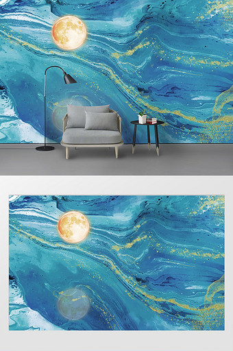 现代蓝色抽象艺术夜晚海浪彩绘背景墙图片
