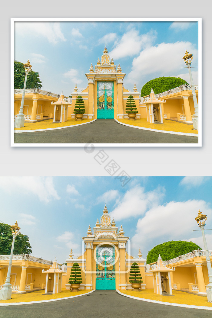 金色大气柬埔寨金边大皇宫正门建筑摄影图片