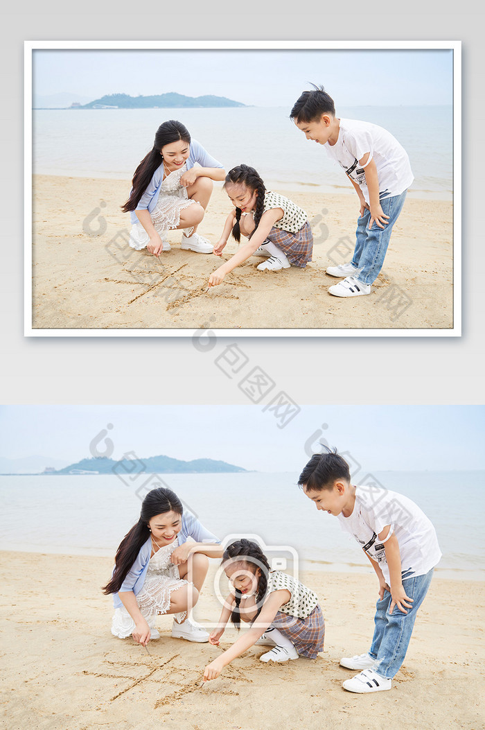 母亲节温馨家庭旅游沙滩玩耍图片图片