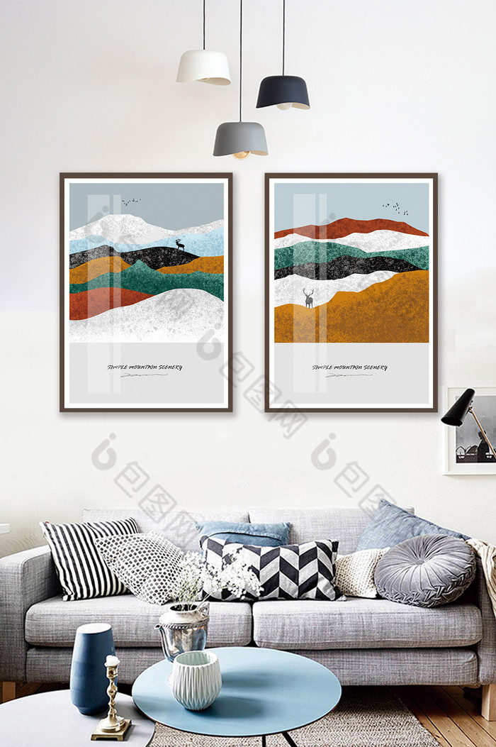 北欧风手绘山川麋鹿飞鸟风景客厅卧室装饰画图片图片