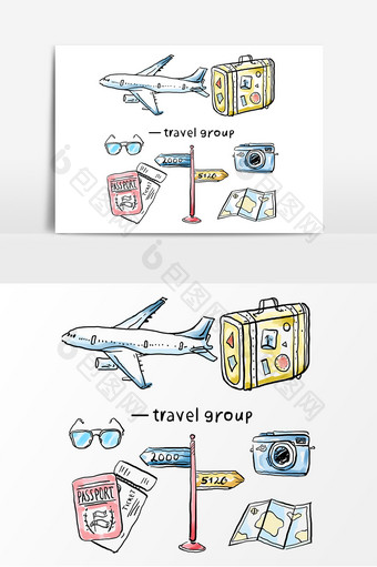 手绘卡通出行旅游行李箱飞机相机元素图片