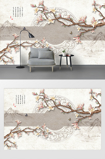 中式手绘玉兰花背景墙花鸟工笔画装饰画图片