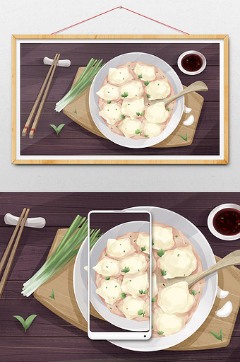 皮包肉厚鲜汤大馄饨中国传统美食插画图片