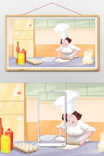 厨师厨房擀面插画图片