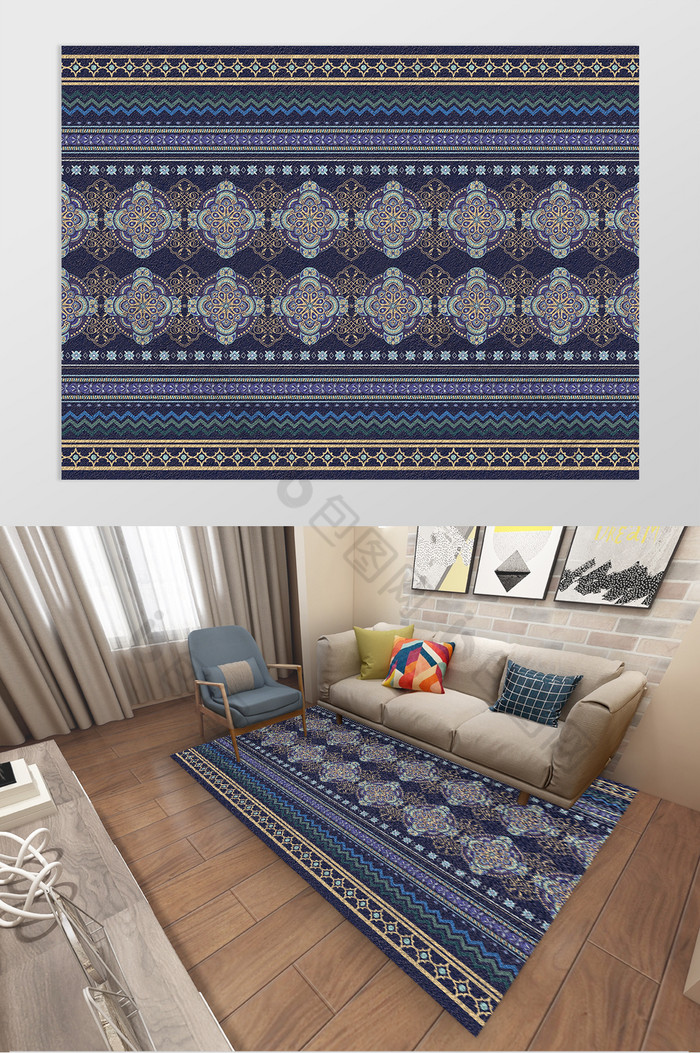 北欧民族深蓝色花纹几何纹样客厅地毯图案图片图片