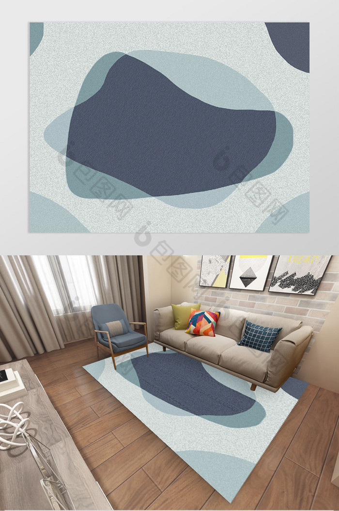 北欧风抽象线条蓝色色块客厅地毯图案图片图片