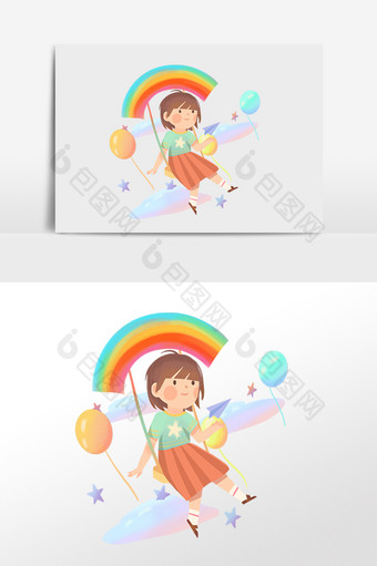 手绘六一儿童节荡秋千女孩插画图片