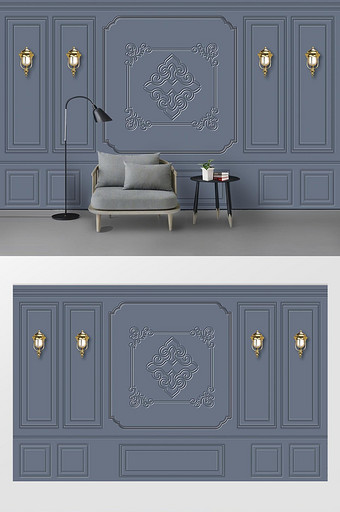 现代简约欧式浮雕石膏线客厅蓝灰色背景墙图片