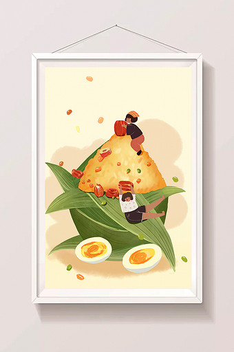 卡通扁平端午节粽子粽叶咸鸭蛋插画图片