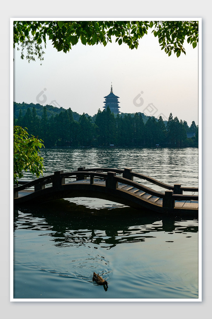 杭州西湖边雷峰塔中式桥梁江南风景摄影图图片图片