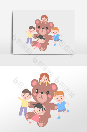 手绘儿童节玩大熊小朋友插画图片